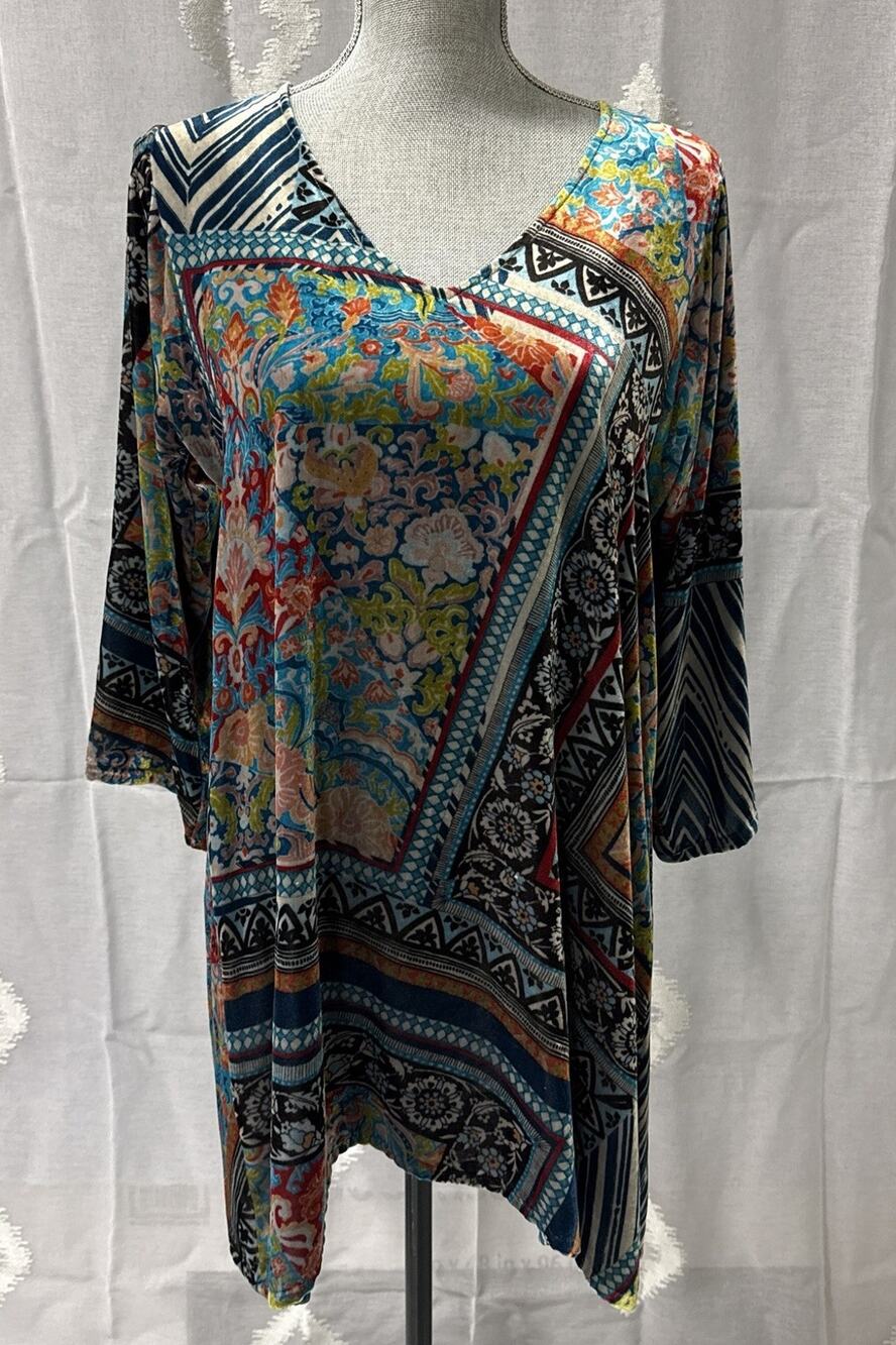 Johnny Was Boho Patchwork Silk Blend Tunic Dress V-Neck 3/4 Sleeve Small